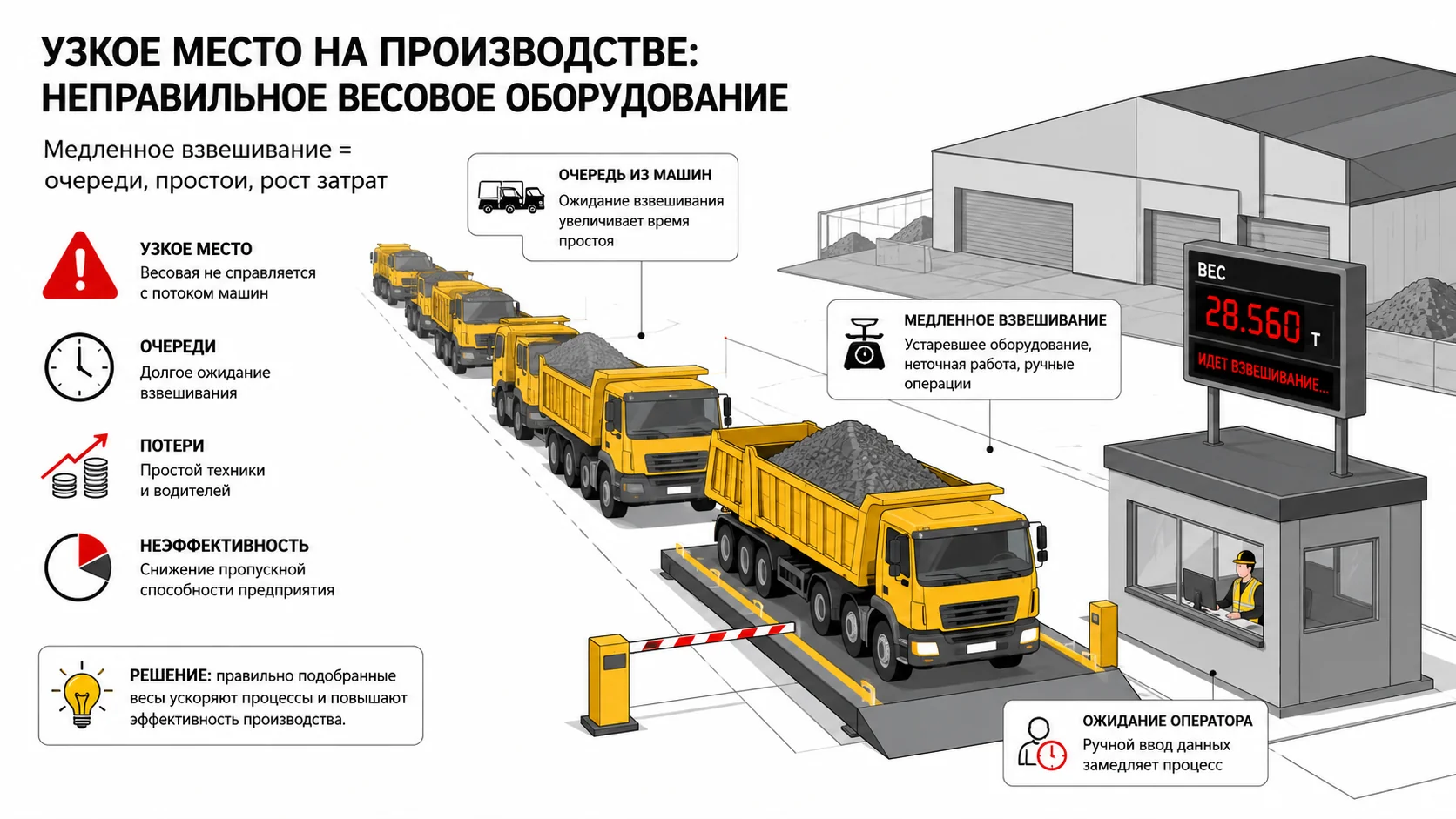 Ошибка выбора весового оборудования Ошибка выбора весового оборудования создаёт очередь и простои