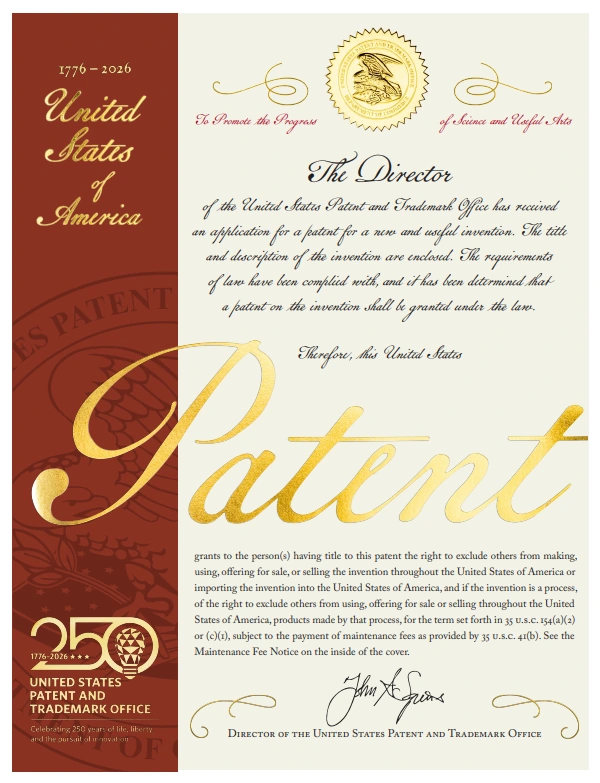 Церемониальная копия United States Patent от USPTO для патента Vesa System